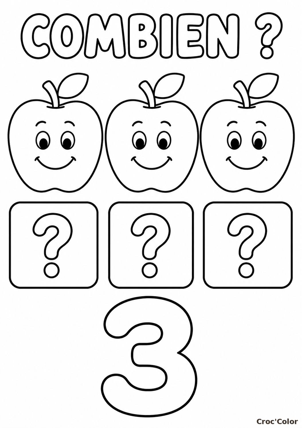 Coloriage Combien de Pommes Facile Maternelle - Dessin Éducatif Apprendre à Compter le Chiffre 3 à Imprimer Gratuit