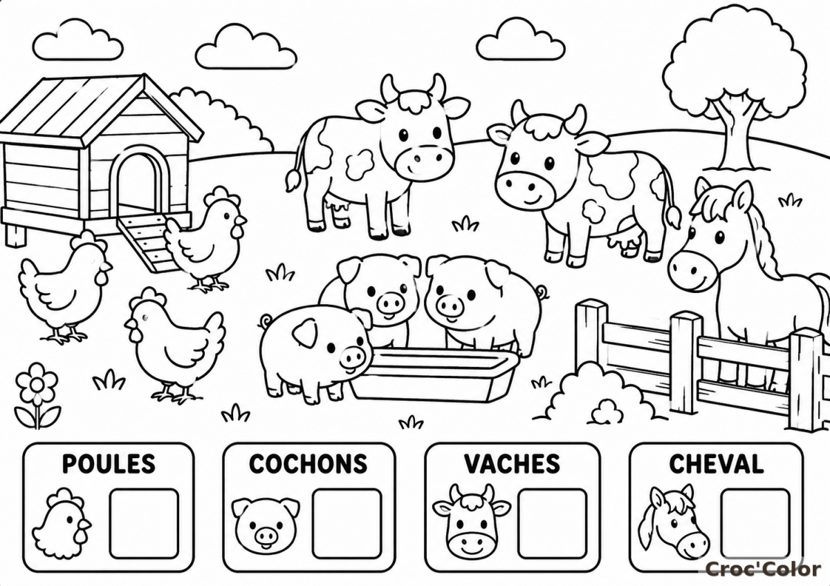 Coloriage Compte et Trouve les Animaux de la Ferme - Dessin Éducatif Cherche et Trouve à Imprimer Gratuit