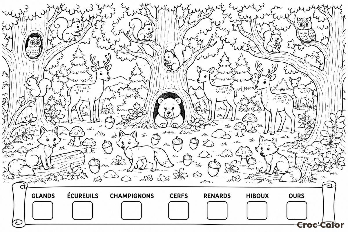 Coloriage Compte et Trouve les Animaux de la Forêt - Dessin Éducatif Cherche et Trouve Nature à Imprimer Gratuit