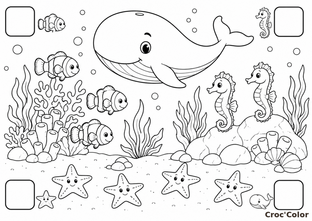 Coloriage Compte et Trouve les Animaux Marins - Dessin Éducatif Cherche et Trouve à Imprimer Gratuit