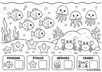 Coloriage Compte et Trouve les Animaux Marins - Dessin Éducatif Cherche et Trouve à Imprimer Gratuit