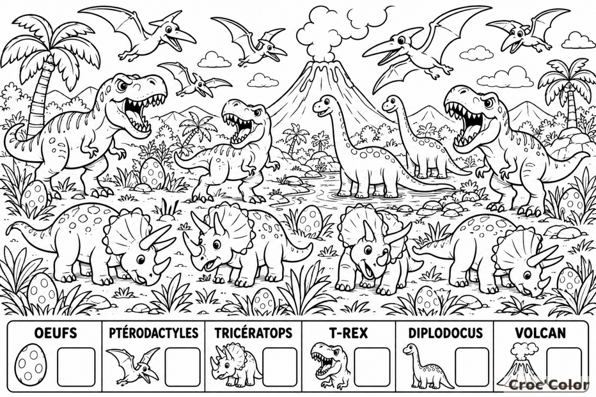 Coloriage Compte et Trouve les Dinosaures - Dessin Éducatif Cherche et Trouve Préhistoire à Imprimer Gratuit