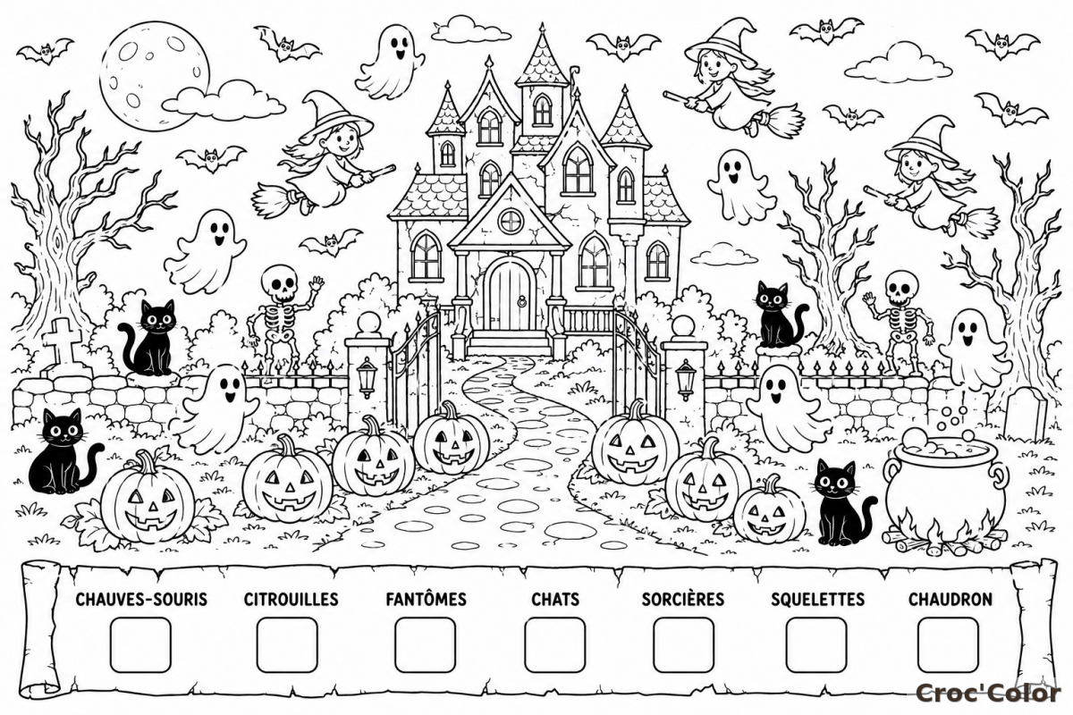 Coloriage Compte et Trouve de Halloween - Dessin Éducatif Cherche et Trouve à Imprimer Gratuit