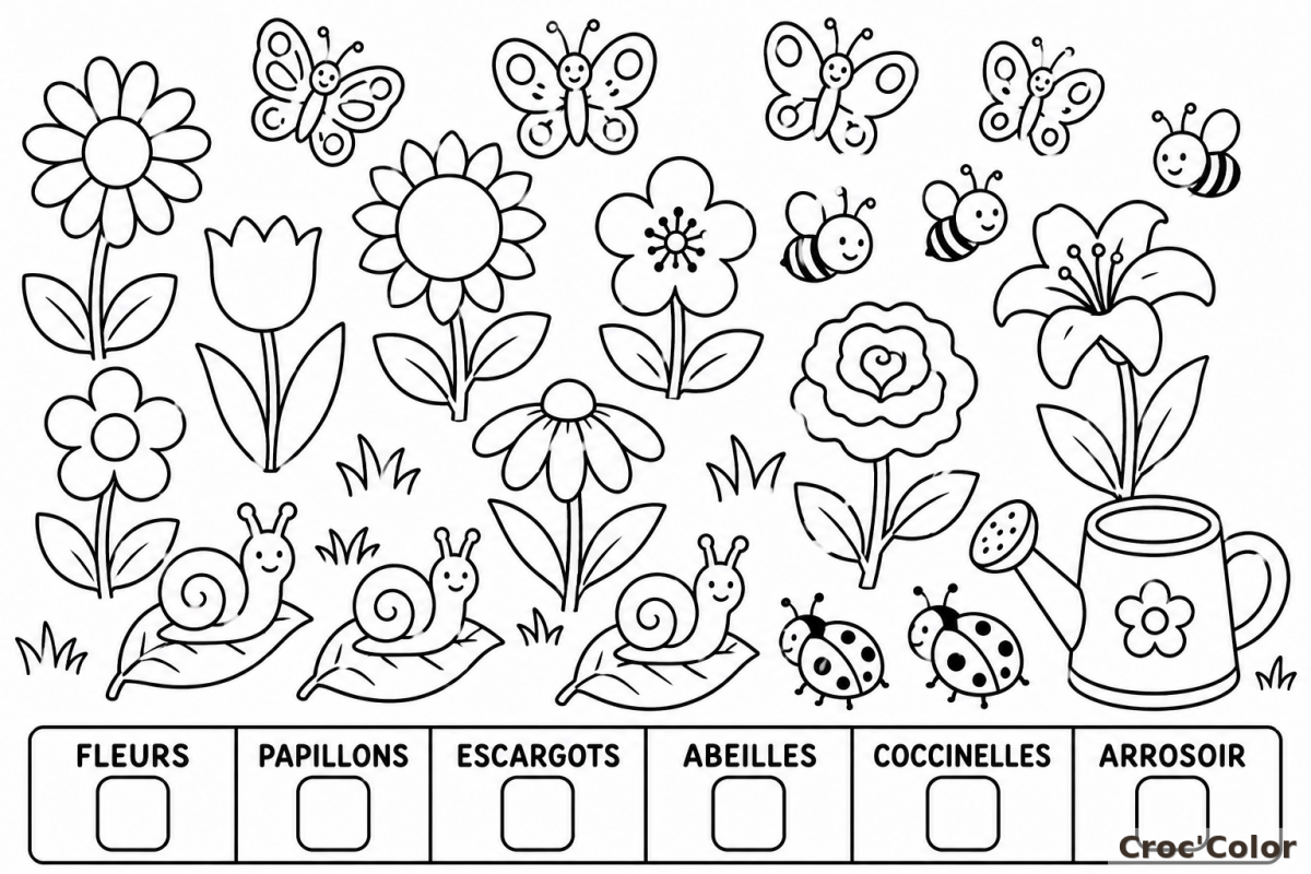 Coloriage Compte et Trouve le Jardin - Dessin Éducatif Cherche et Trouve Insectes et Fleurs à Imprimer Gratuit