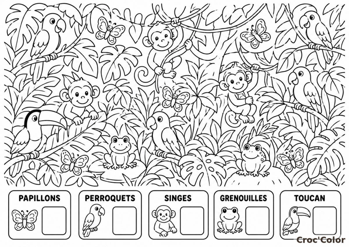 Coloriage Compte et Trouve la Jungle - Dessin Éducatif Cherche et Trouve Animaux à Imprimer Gratuit