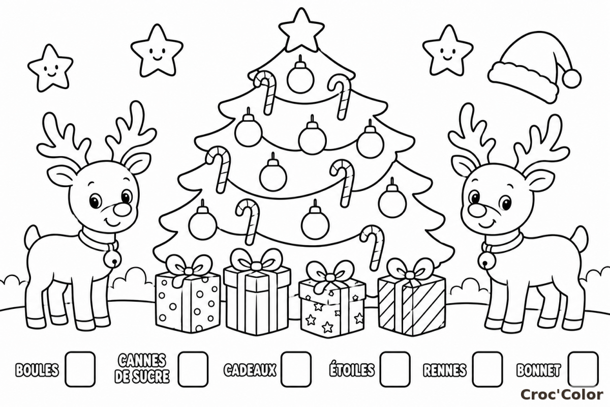 Coloriage Compte et Trouve de Noël - Dessin Éducatif Cherche et Trouve Sapin et Rennes à Imprimer Gratuit