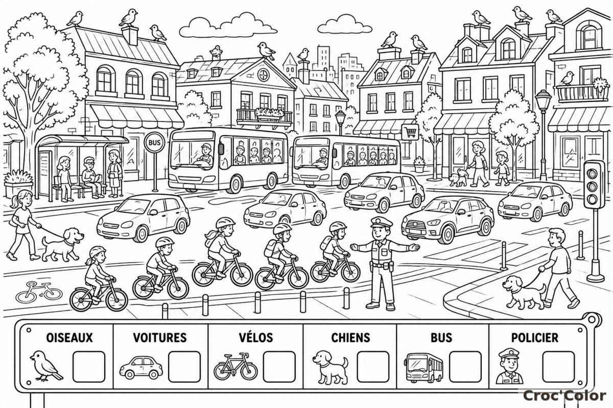 Coloriage Compte et Trouve la Ville - Dessin Éducatif Cherche et Trouve Circulation et Rue à Imprimer Gratuit