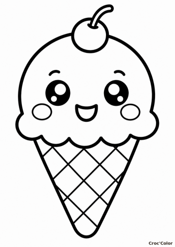 Coloriage Cornet de Glace Kawaii Facile Maternelle - Dessin Boule de Glace Souriante et Cerise à Imprimer Gratuit