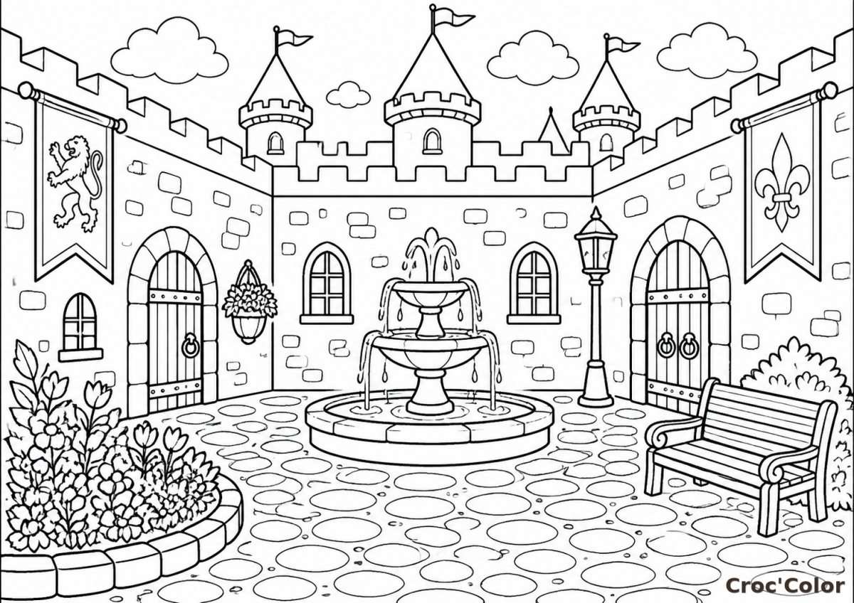 Coloriage Cour de Château Fort - Dessin Fontane et Muraille Médiévale à Imprimer