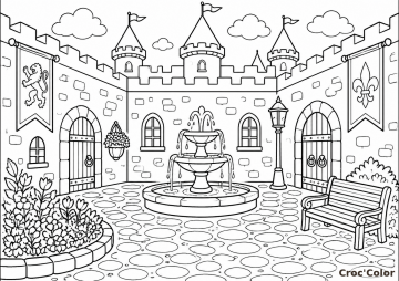 Coloriage Cour de Château Fort - Dessin Fontane et Muraille Médiévale à Imprimer