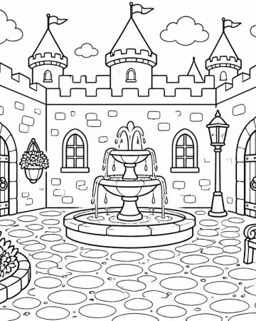 Coloriage Cour de Château Fort - Dessin Fontane et Muraille Médiévale à Imprimer