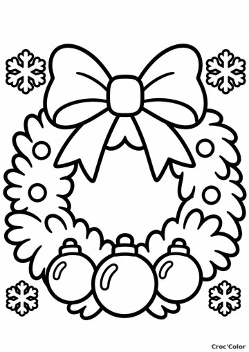 Coloriage Couronne de Noël Facile Maternelle - Dessin Couronne de Sapin, Grand Nœud, Boules et Flocons à Imprimer Gratuit