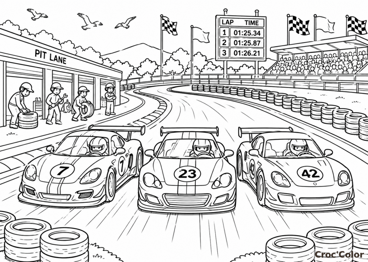 Coloriage Course Circuit Automobile - Dessin Voitures de Sport et Stands à Imprimer Gratuit