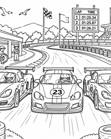 Coloriage Course Circuit Automobile - Dessin Voitures de Sport et Stands à Imprimer Gratuit