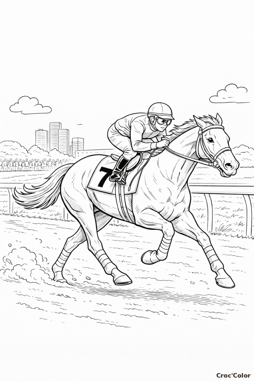 Coloriage Course de Chevaux et Jockey - Dessin Cheval de Course Numéro 7 à Imprimer Gratuit