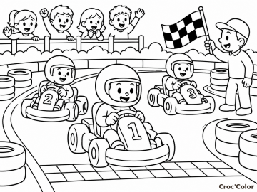 Coloriage Course de Karting Enfants Facile - Dessin Pilotes, Drapeau Damier et Piste à Imprimer Gratuit