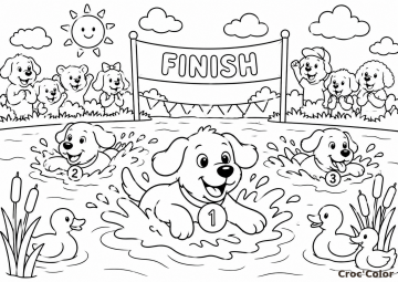 Coloriage Course de Natation Chiots dans le Lac - Dessin Chiots Nageurs, Ligne d'Arrivée, Canards et Supporters à Imprimer Gratuit