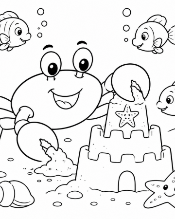 Coloriage Crabe et Château de Sable - Dessin Fond Marin avec Poissons à Imprimer Gratuit