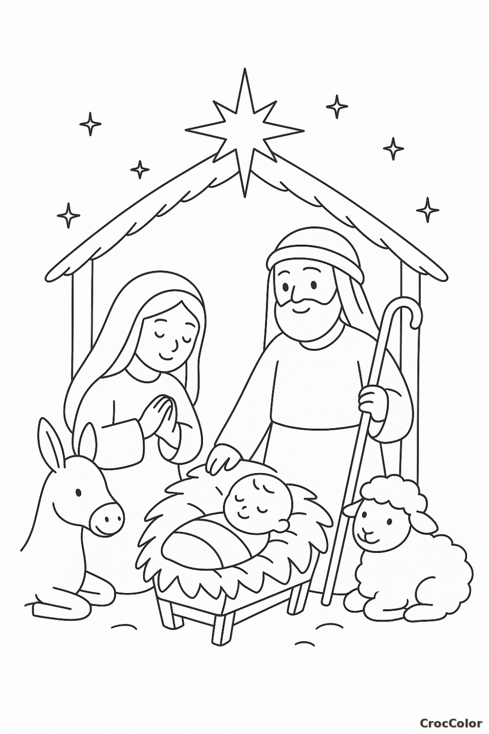 Coloriage Crèche de Noël Facile : La Nativité pour Jeunes Enfants
