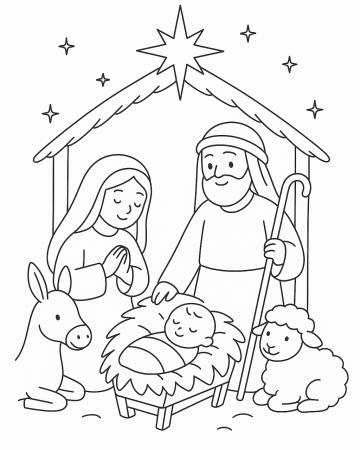 Coloriage Crèche de Noël Facile : La Nativité pour Jeunes Enfants