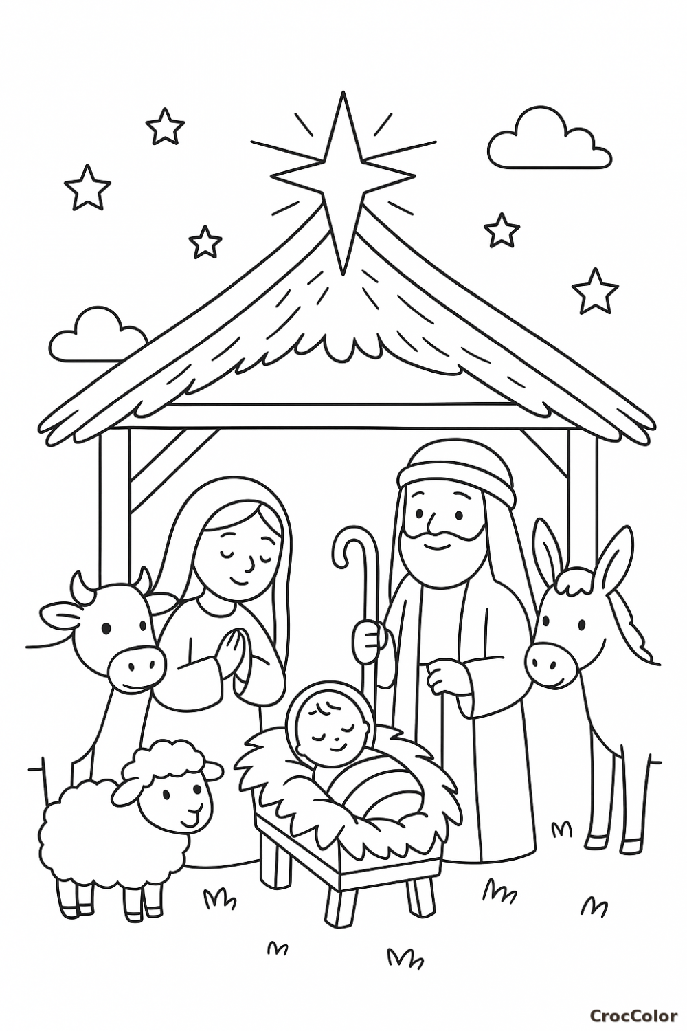Coloriage Crèche de Noël avec Animaux : Dessin de la Nativité à Imprimer