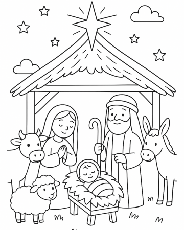 Coloriage Crèche de Noël avec Animaux : Dessin de la Nativité à Imprimer