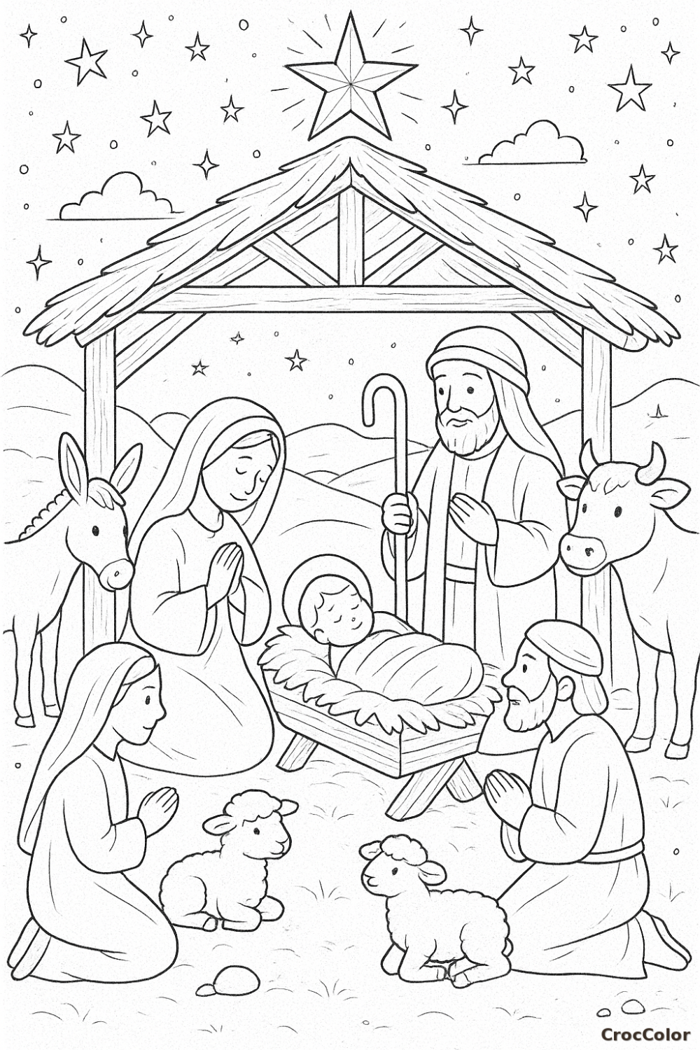 Coloriage Crèche de Noël Traditionnelle : La Nativité à Imprimer