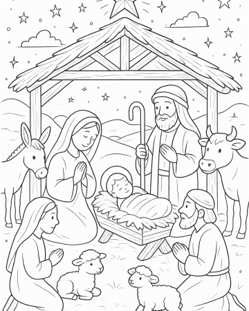Coloriage Crèche de Noël Traditionnelle : La Nativité à Imprimer