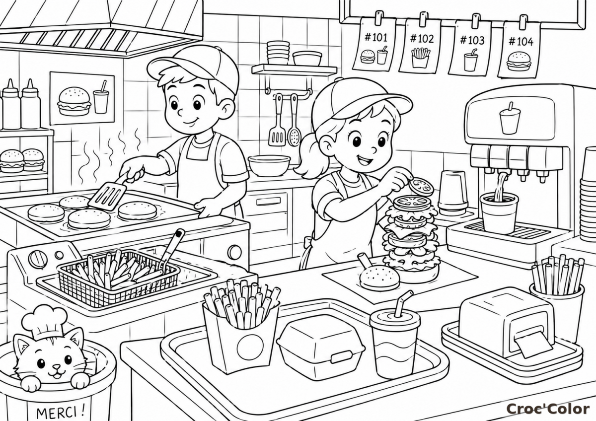Coloriage Cuisine Fast-Food Hamburger et Frites - Dessin Enfants Cuisiniers Restaurant à Imprimer Gratuit