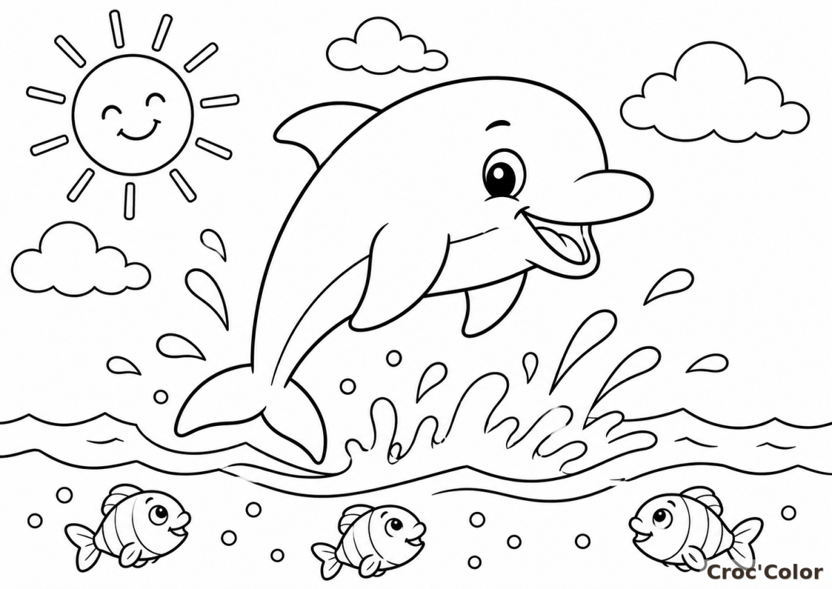 Coloriage Dauphin Facile Maternelle - Dessin Mer et Poissons à Imprimer Gratuit