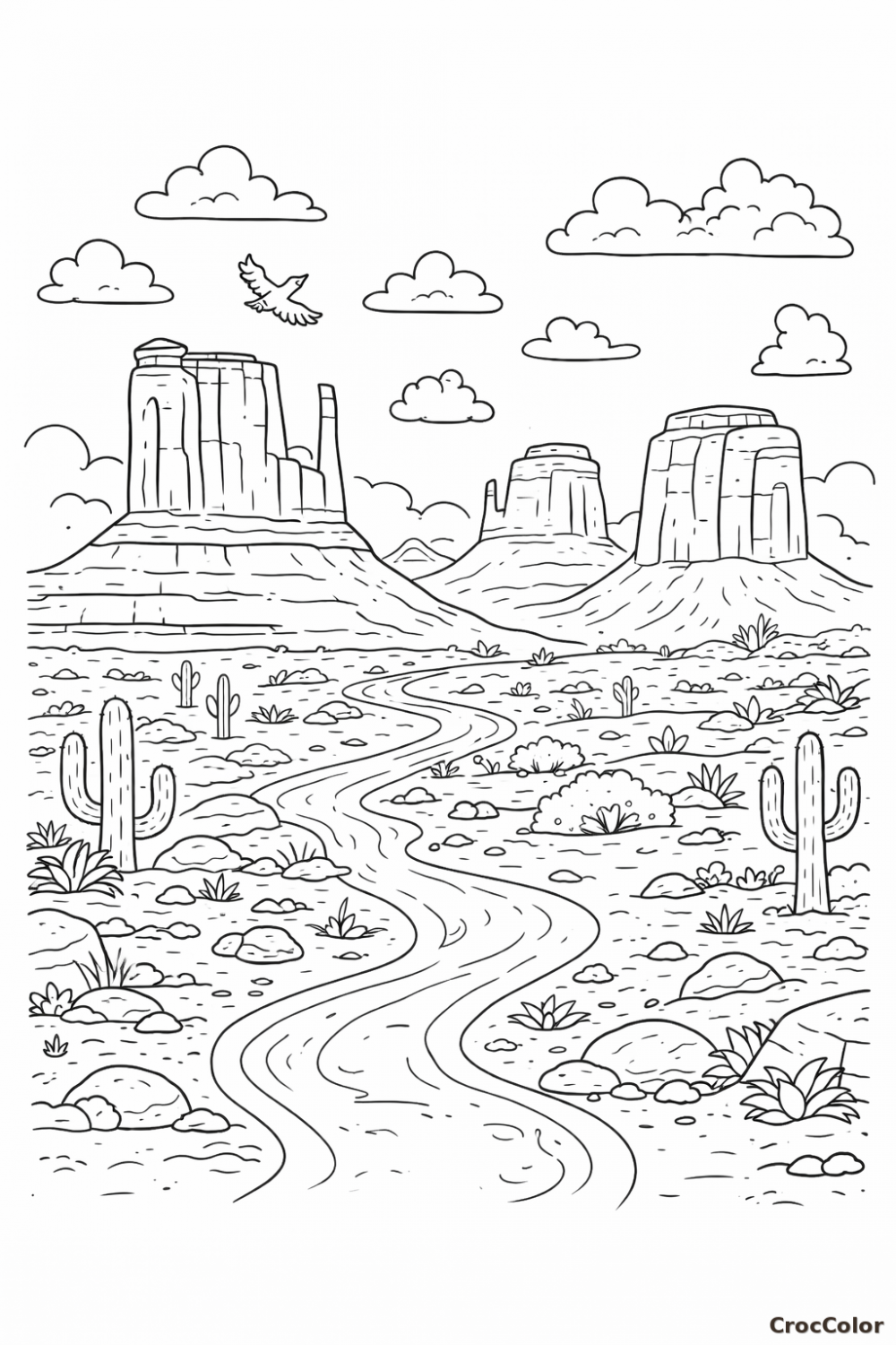 Coloriage Paysage Désert et Monument Valley : Dessin Nature à Imprimer