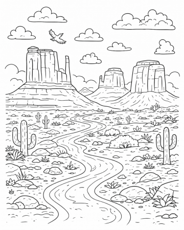 Coloriage Paysage Désert et Monument Valley : Dessin Nature à Imprimer