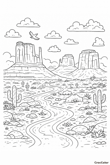 Coloriage Paysage Désert et Monument Valley : Dessin Nature à Imprimer