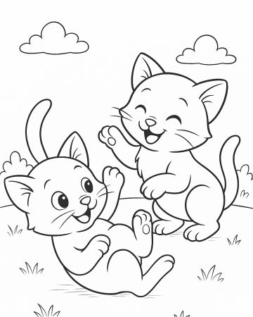 Coloriage de Chatons Rigolos dans l’Herbe : Dessin de Chats pour Enfant