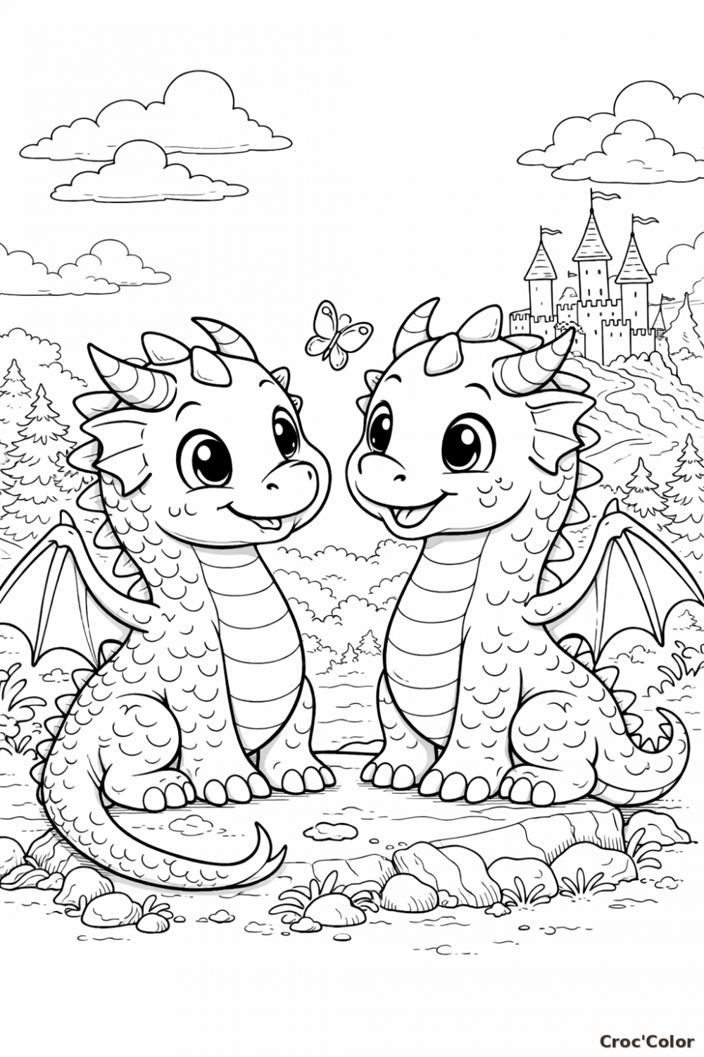 Coloriage Deux Dragons Facile - Dessin Bébés Dragons Maternelle à Imprimer Gratuit