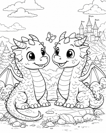 Coloriage Deux Dragons Facile - Dessin Bébés Dragons Maternelle à Imprimer Gratuit