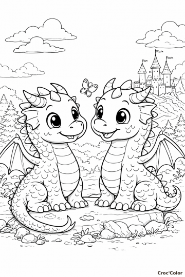 Coloriage Deux Dragons Facile - Dessin Bébés Dragons Maternelle à Imprimer Gratuit