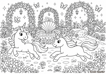 Coloriage Deux Licornes dans un Jardin Magique - Dessin Fontaine Coquillage et Arches de Roses à Imprimer Gratuit