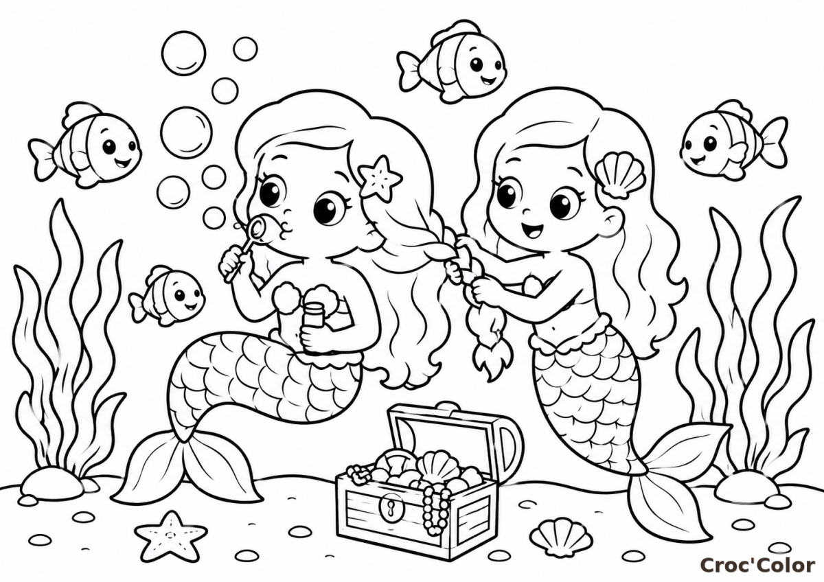 Coloriage Deux Petites Sirènes et Coffre au Trésor - Dessin Sirènes Mignonnes, Bulles de Savon, Poissons et Algues à Imprimer Gratuit