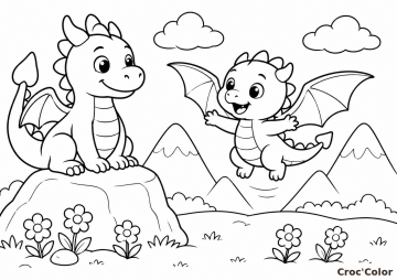Coloriage Deux Petits Dragons dans la Montagne - Dessin Dragons Mignons, Rocher, Vol et Fleurs à Imprimer Gratuit