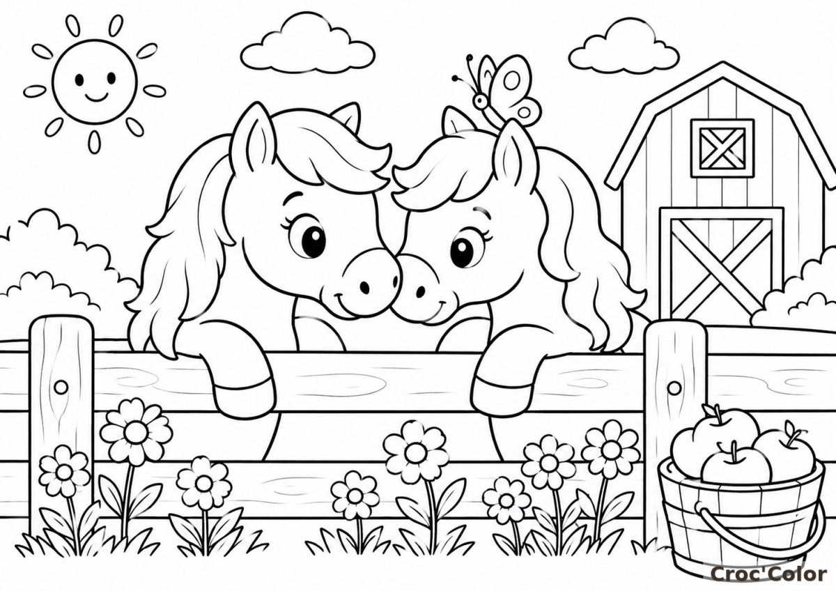 Coloriage Deux Poneys à la Ferme Facile - Dessin Grange, Fleurs, Papillon et Panier de Pommes à Imprimer Gratuit