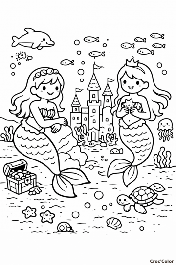 Coloriage Deux Sirènes et Château sous l'Océan - Dessin Sirène Mignonne et Trésor à Imprimer Gratuit