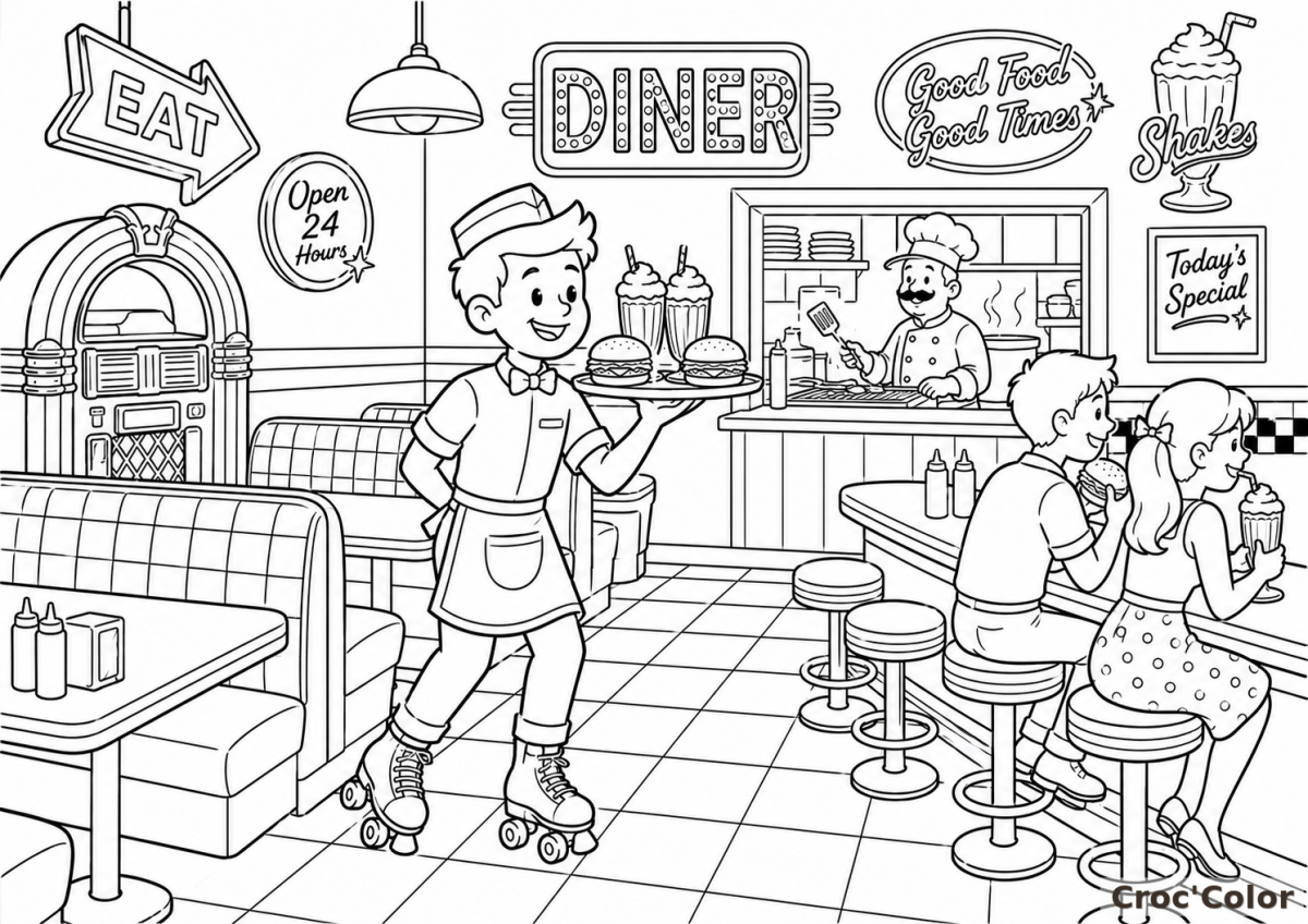Coloriage Diner Américain Rétro - Dessin Serveur en Patins, Burgers et Milkshakes à Imprimer Gratuit