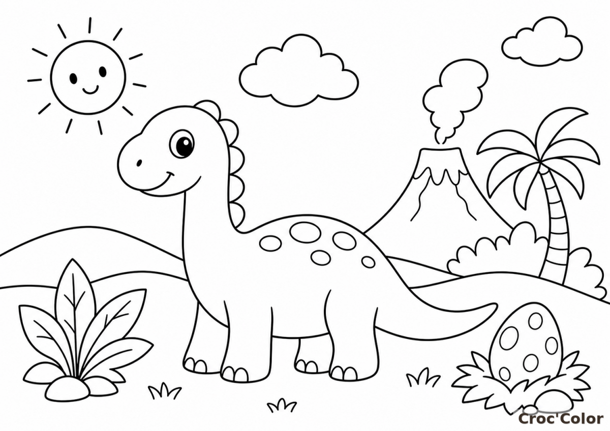 Coloriage Dinosaure Facile Maternelle - Dessin Diplodocus avec Volcan et Oeuf à Imprimer Gratuit