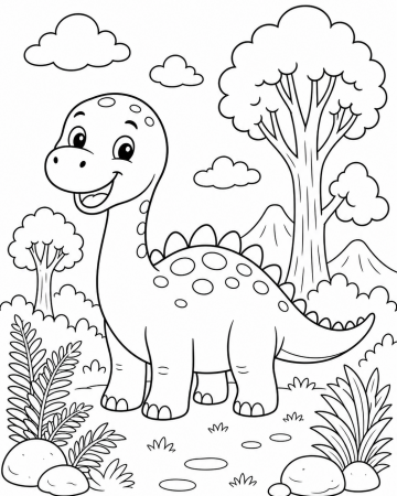 Coloriage Dinosaure Rigolo et Paysage Préhistorique - Dessin à Imprimer Gratuit