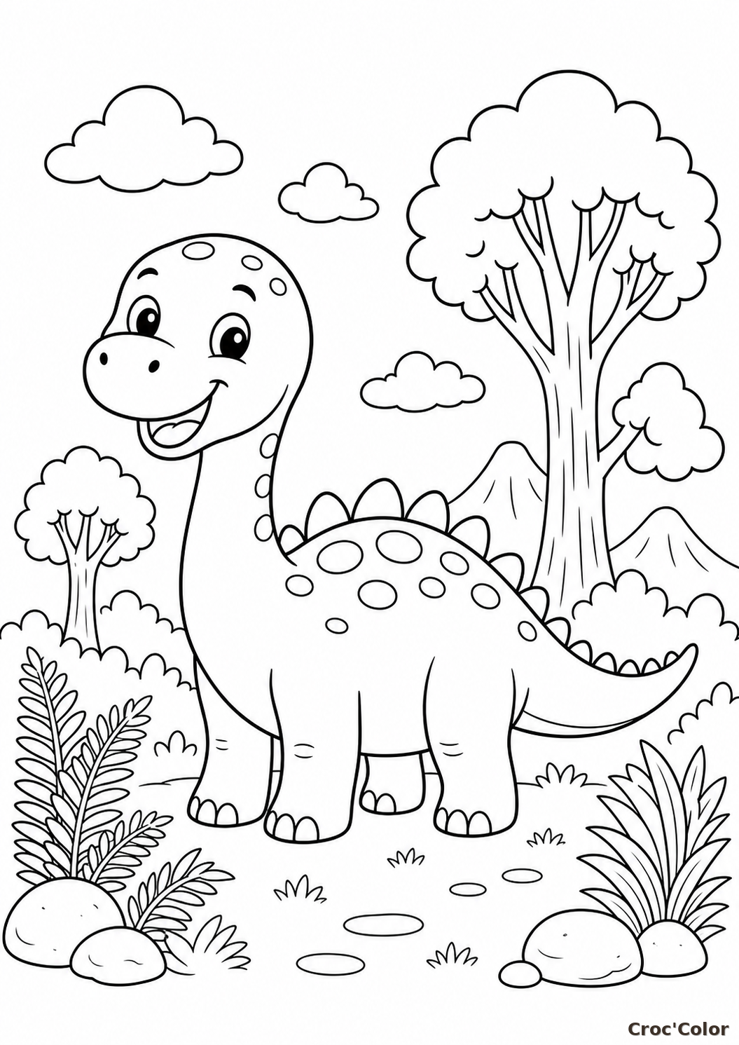 Coloriage Dinosaure Rigolo et Paysage Préhistorique - Dessin à Imprimer Gratuit