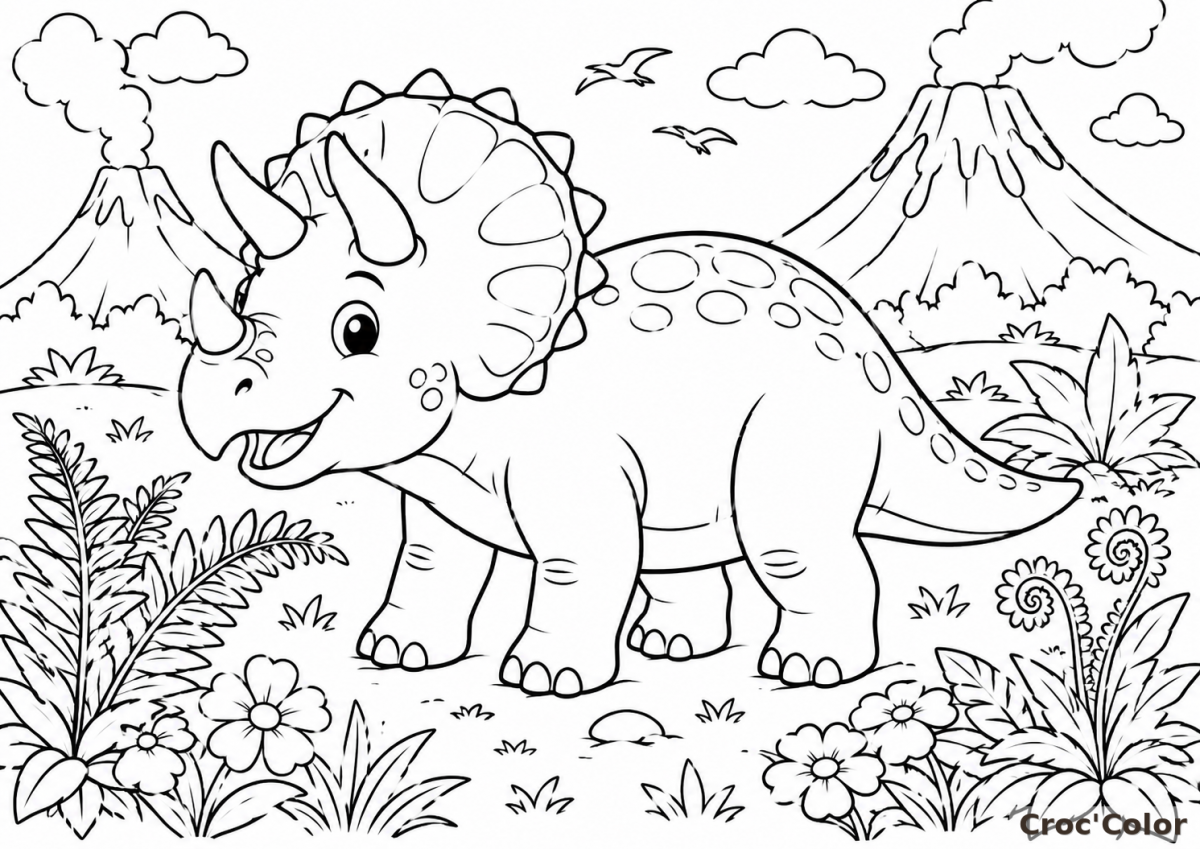 Coloriage Dinosaure Triceratops Facile - Dessin Volcan et Préhistoire à Imprimer Gratuit
