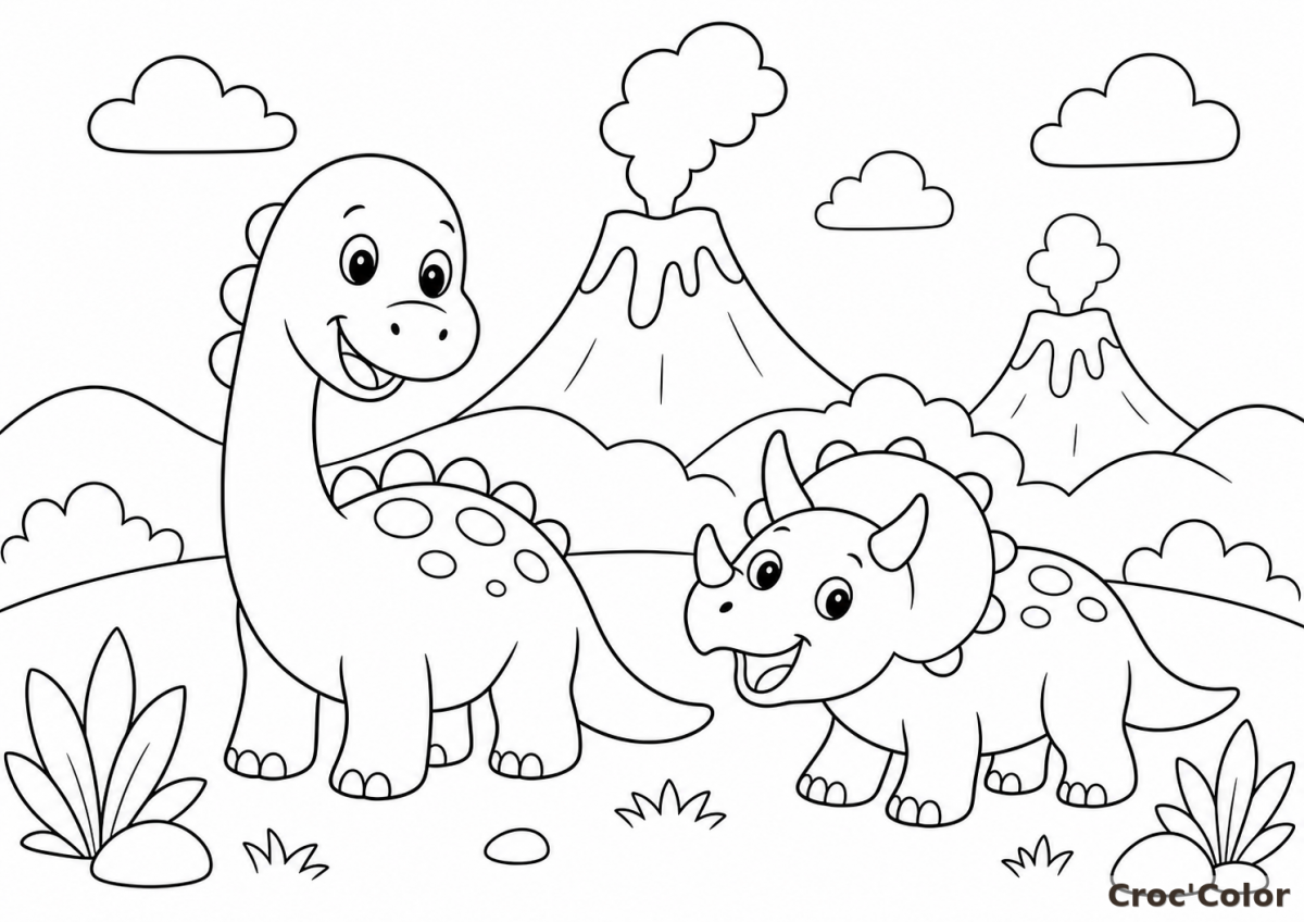Coloriage Dinosaures Rigolos et Volcans - Dessin Préhistorique à Imprimer