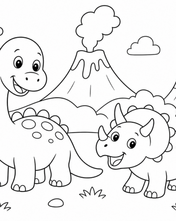 Coloriage Dinosaures Rigolos et Volcans - Dessin Préhistorique à Imprimer