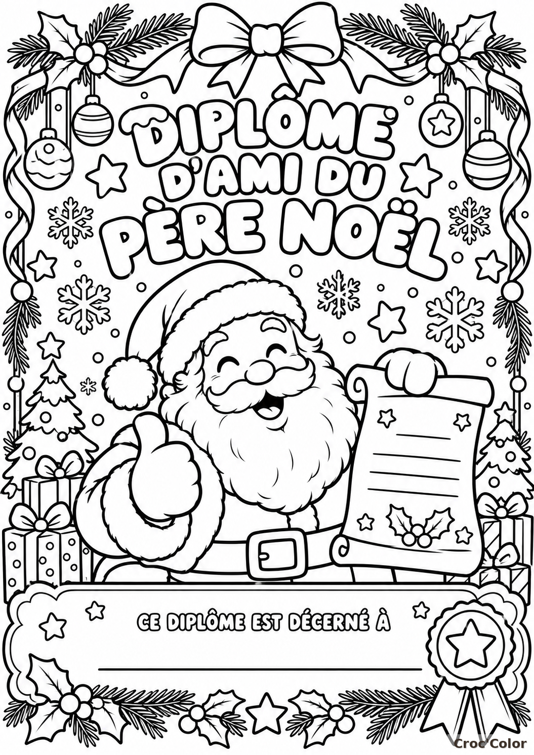 Coloriage Diplôme d'Ami du Père Noël Moyen - Dessin Père Noël, Parchemin à Prénom, Cadeaux et Étoiles à Imprimer Gratuit